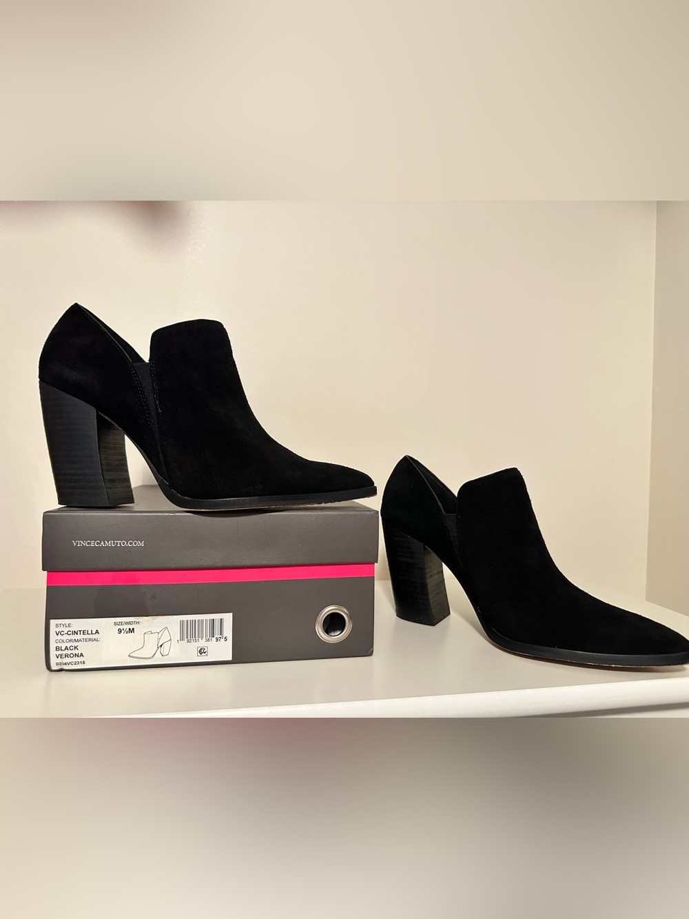 Vince Camuto Black Suede Pointed Block Heel Ankle Booties